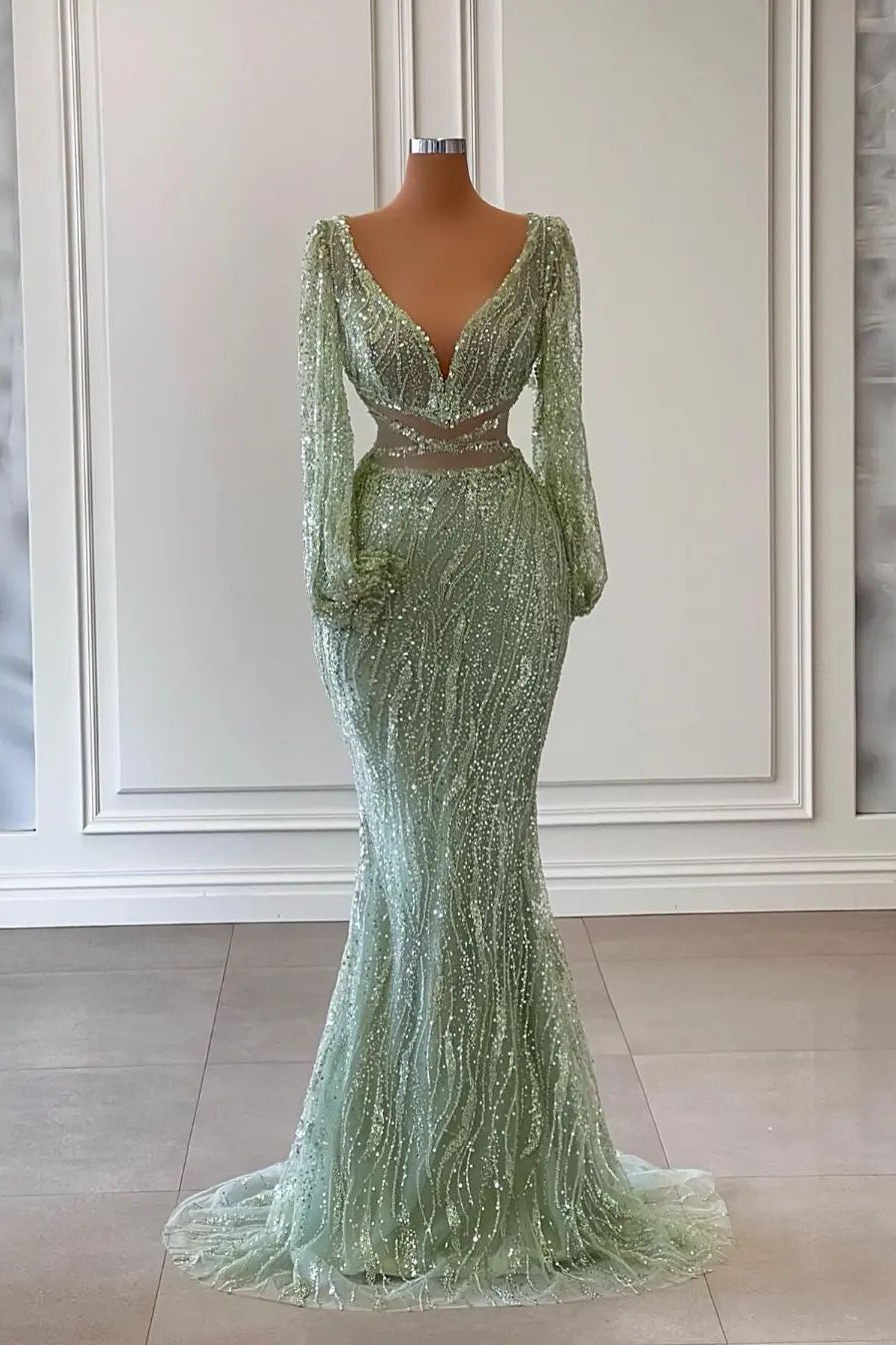 Exquisites bodenlanges Meerjungfrau-Ballkleid mit V-Ausschnitt und langen Ärmeln