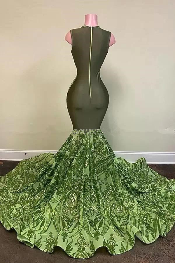 Exquisitos vestidos de fiesta de sirena con escote en V, lentejuelas verdes, sin mangas y hasta el suelo