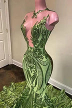 Exquisitos vestidos de fiesta de sirena con escote en V, lentejuelas verdes, sin mangas y hasta el suelo