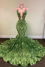 Exquisitos vestidos de fiesta de sirena con escote en V, lentejuelas verdes, sin mangas y hasta el suelo