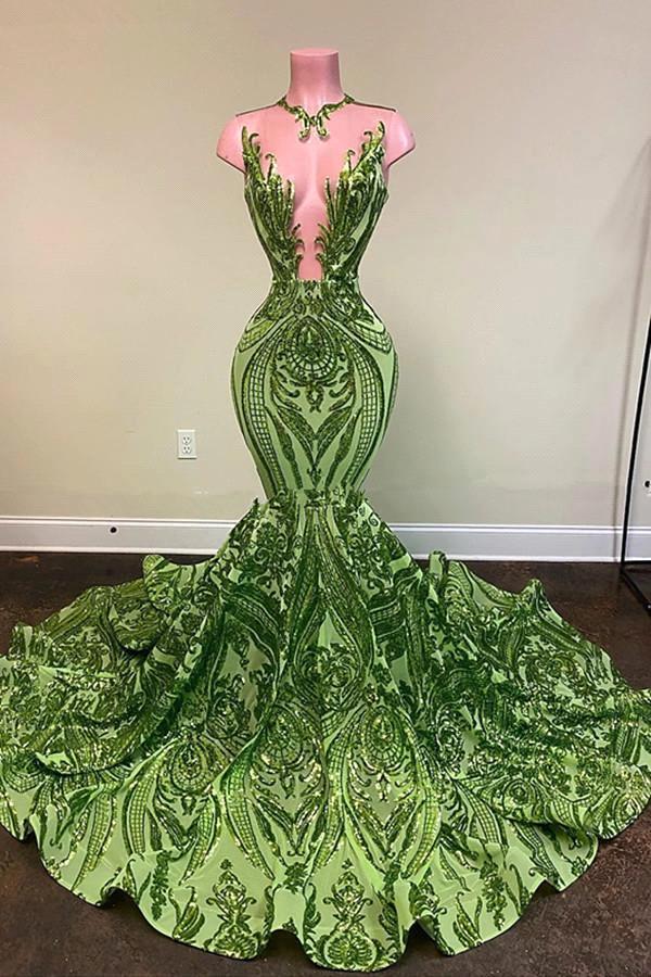Exquisitos vestidos de fiesta de sirena con escote en V, lentejuelas verdes, sin mangas y hasta el suelo