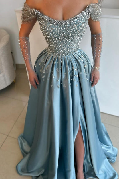 Exquisites langes blaues A-Linien-Ballkleid mit schulterfreien Perlen und Strasssteinen und Schlitz