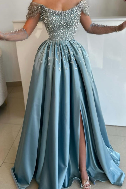 Exquisites langes blaues A-Linien-Ballkleid mit schulterfreien Perlen und Strasssteinen und Schlitz