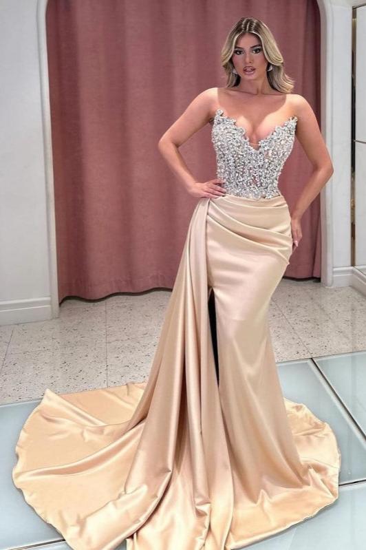 Exquisites langes Champagner Meerjungfrau trägerloses Ballkleid mit Juwelen