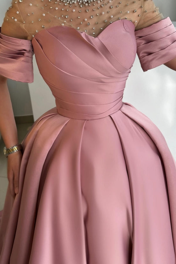 Exquisites langes A-Linien-Ballkleid aus Satin mit Strasssteinen und kurzen Ärmeln in Altrosa
