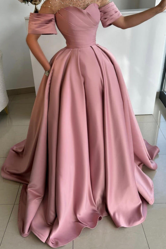 Exquisites langes A-Linien-Ballkleid aus Satin mit Strasssteinen und kurzen Ärmeln in Altrosa