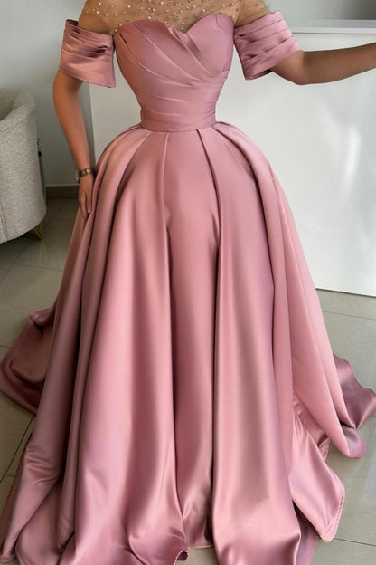 Exquisites langes A-Linien-Ballkleid aus Satin mit Strasssteinen und kurzen Ärmeln in Altrosa