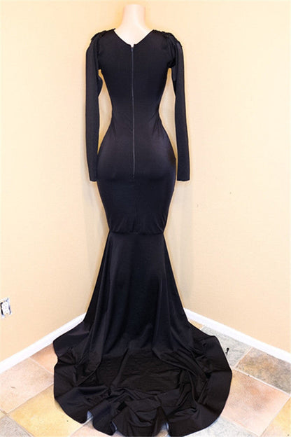 Exquisite Long V-neck Sequined Mermaid Black Prom Dress with Sleeves