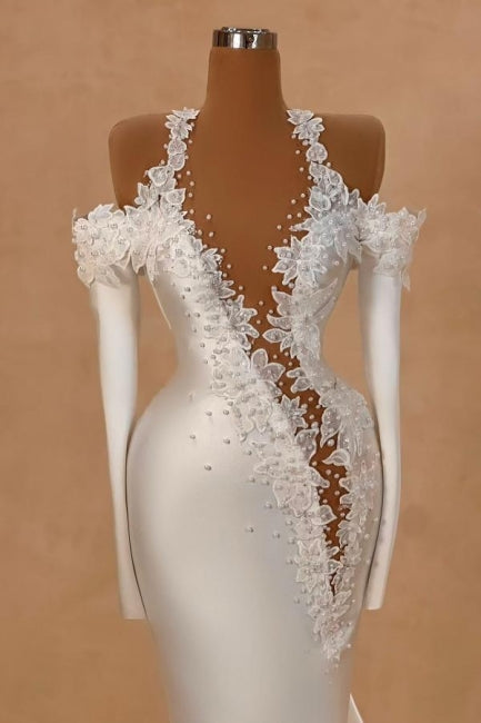 Exquisites langes weißes Meerjungfrau-Brautkleid aus Satin mit langen Ärmeln und Perlen