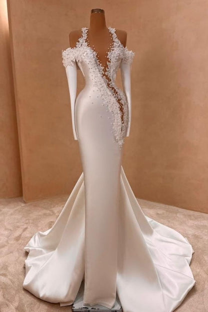Exquisites langes weißes Meerjungfrau-Brautkleid aus Satin mit langen Ärmeln und Perlen