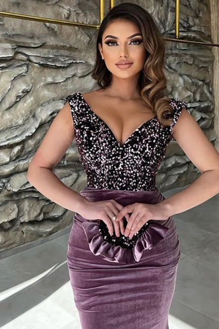 Exquisite lila Pailletten V-Ausschnitt ärmellose bodenlange Ballkleider