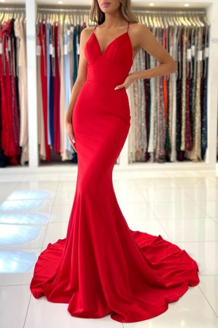 Exquisite rote Spaghettiträger ärmellose Meerjungfrau Satin Ballkleider