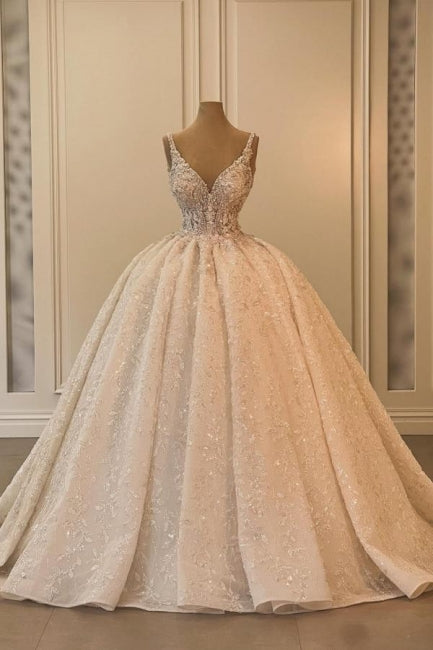 Extravagant Long A-line V-neck Sleeveless Princess Glitter Wedding Dress with Lace