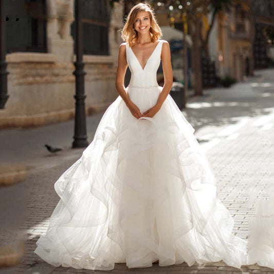 Sexy V-Neck Backless A-line Wedding Dress Romantic Organza Sleeveless Trouwjurk Simple Spaghetti Straps Bride Party-payinti