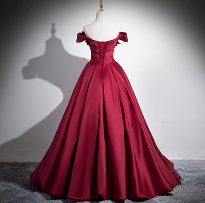 Fashion Burgundy Satin Pleats Prom Dress A Line Elegant Ball Gown Y7661