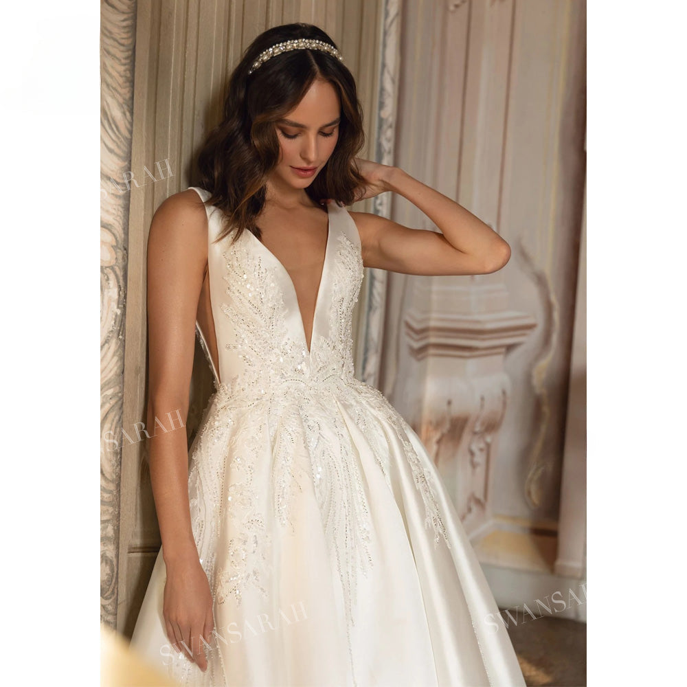 V-neck Sleeveless Wedding Dress 2024 Beading Open Back Court Train Princess Bride Gown SwanSarah P277 Plus Size Vestido De Novia-payinti