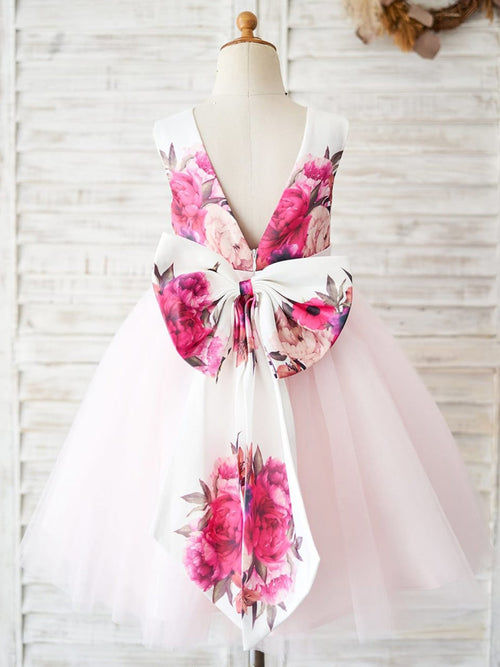 Vestido de niña de las flores de tul satinado hasta la rodilla con corte en A