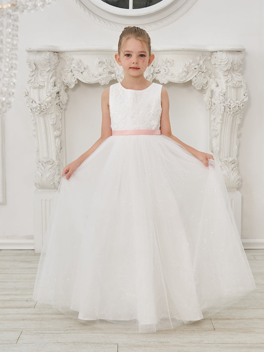 Duchesse-Linie/Princess-Linie Tüll Bodenlang Elfenbein Blumenmädchenkleid 