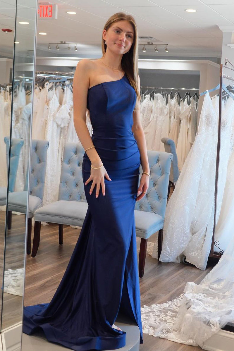 Vestidos de fiesta largos de satén azul marino con un solo hombro y corte sirena