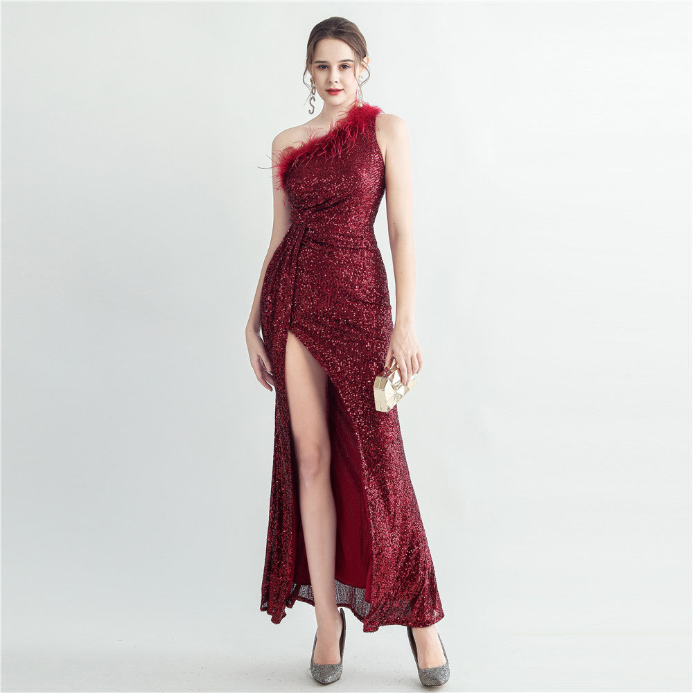 Hand Nailed Ostrich Feather Off Shoulder Sequined Evening Dress with Roman Collar