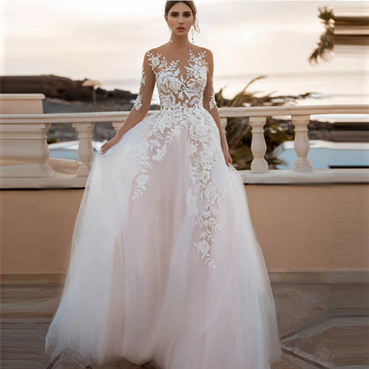 Sheer Sleeves Illusion Lace Wedding Dresses Applique Beach Bridal Gown Sexy Robe De Mariee Bride Dress For Women Bohemian 2022-payinti