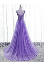 Vestido de noche de fiesta de tul con escote en V y cuentas moradas, vestido de fiesta de tul morado Y1008