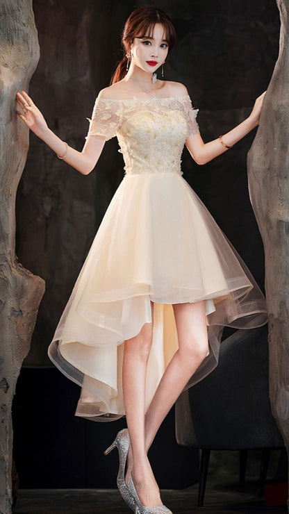 Champagne tulle high low prom dress champagne evening dress Y983