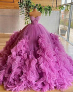Vestido de fiesta plisado con volantes de tul y escote corazón morado con corpiño de cuentas Y86