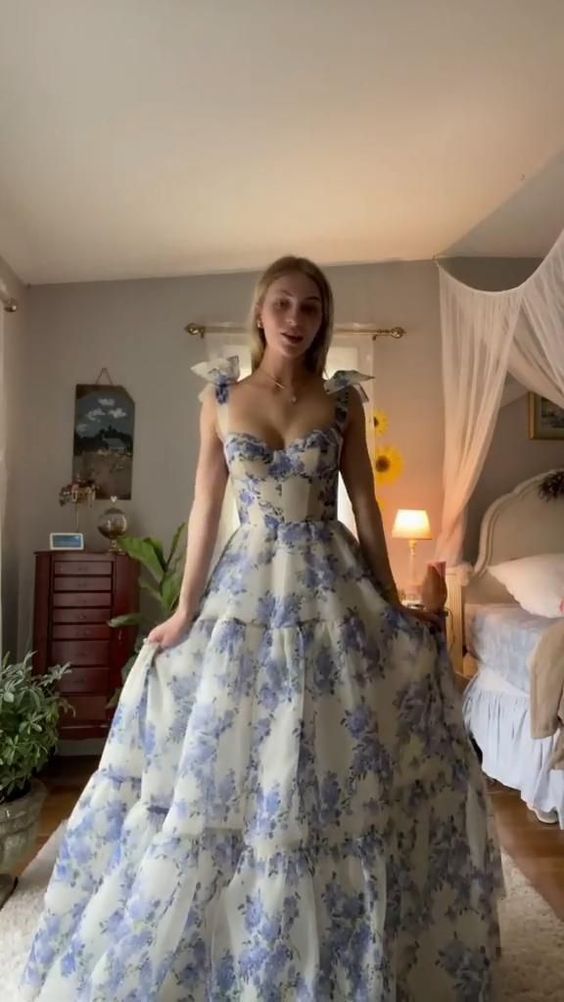 Hermoso vestido de fiesta largo de gasa con estampado floral Y96