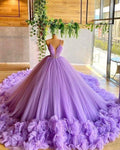 Vestido de gala de tul con tirantes finos, corpiño de cuentas color lavanda y flores hechas a mano Y97