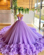 Vestido de gala de tul con tirantes finos, corpiño de cuentas color lavanda y flores hechas a mano Y97