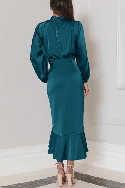 Elegant Solid Flounce Fold Turtleneck Evening Dress