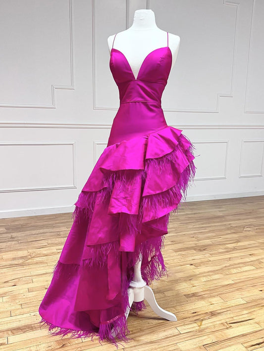 Fuchsia A-Linie V-Ausschnitt Unregelmäßiges langes Ballkleid