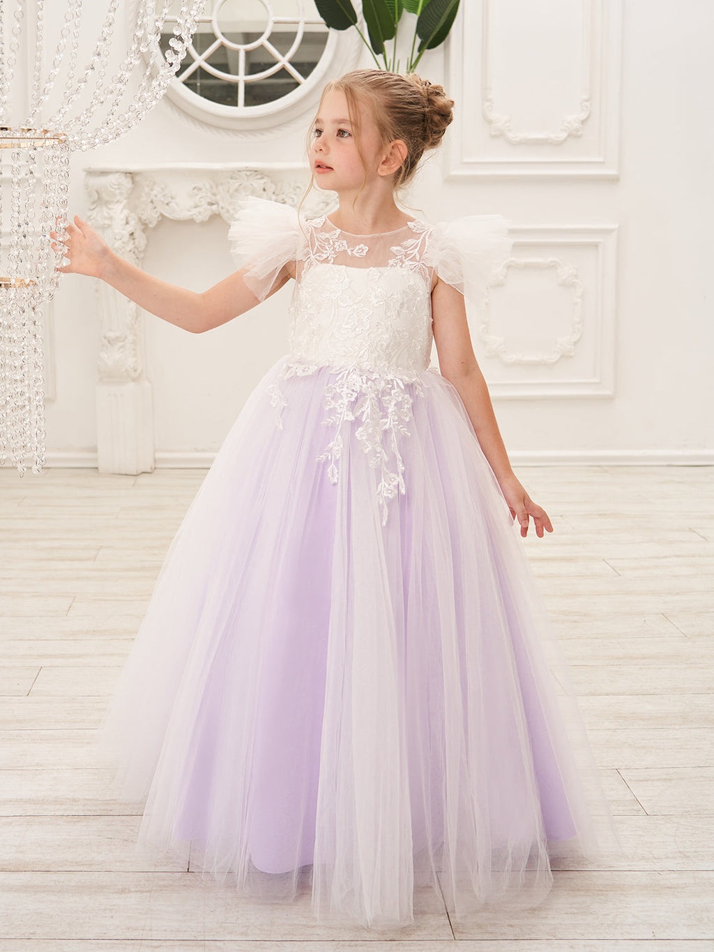 Abnehmbares Blumenmädchenkleid aus Spitze und Tüll mit Schleppe 
