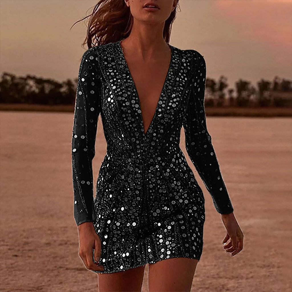 Sheer Long Sleeve Deep V Prom Dress