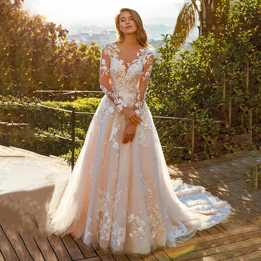 Elegant Lace A-line Wedding Dress Full Sleeves Court Train O-neck Buttons Vestido De Novia Bridal Gown Custom Made-payinti