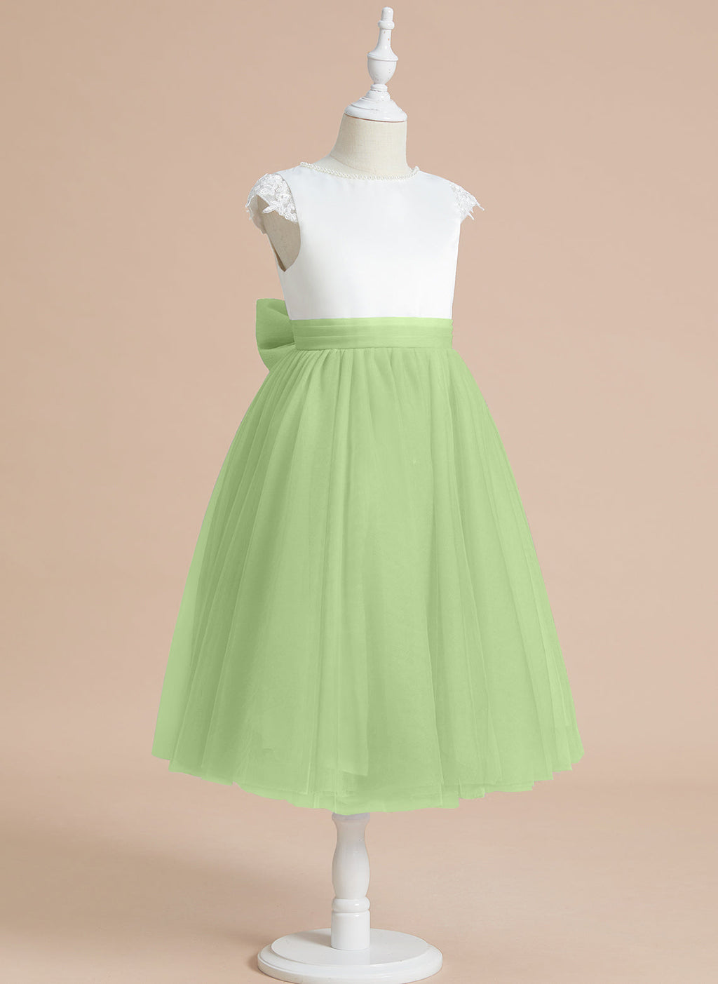 Vestido de niña de las flores de primera comunión de tul satinado con corte en A y largo hasta la rodilla