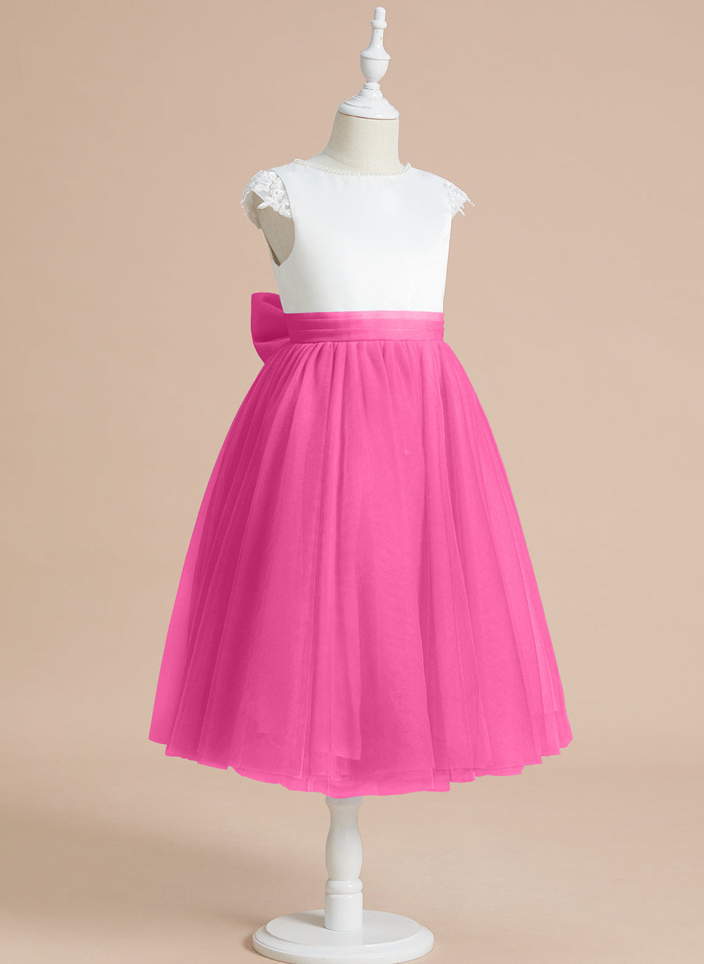 Vestido de niña de las flores de primera comunión de tul satinado con corte en A y largo hasta la rodilla