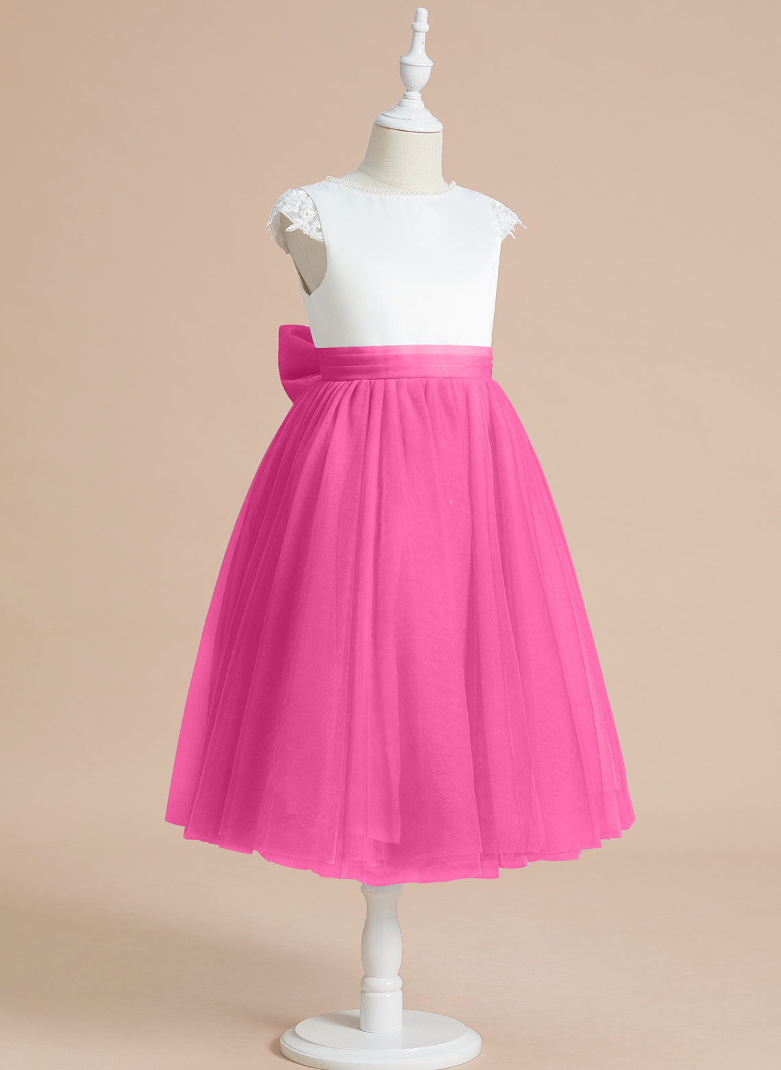 Vestido de niña de las flores de primera comunión de tul satinado con corte en A y largo hasta la rodilla