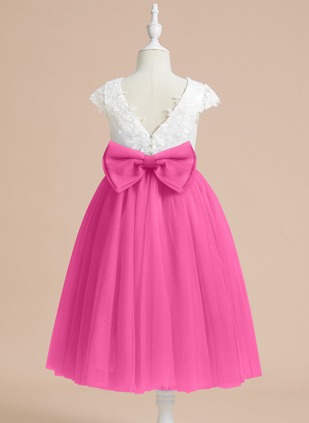 Vestido de niña de las flores de primera comunión de tul satinado con corte en A y largo hasta la rodilla