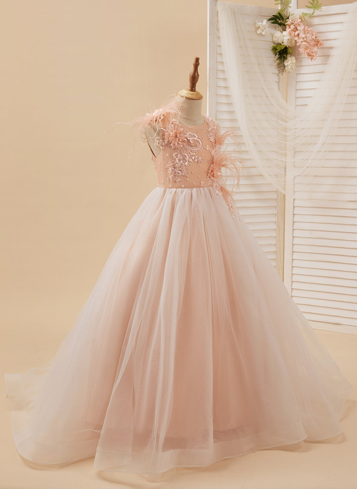 Ball-Gown/Princess Tulle Sweep Train Pink Flower Girl Dress