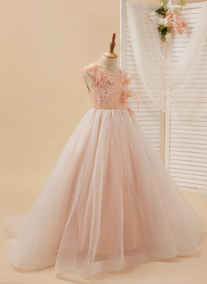 Ball-Gown/Princess Tulle Sweep Train Pink Flower Girl Dress