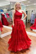 Vestidos de fiesta largos de tul con volantes y un hombro en rojo brillante