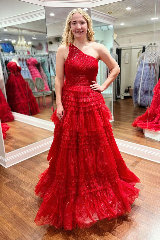 Funkelndes rotes One-Shoulder-Tüll-A-Linien-Ballkleid mit Rüschen