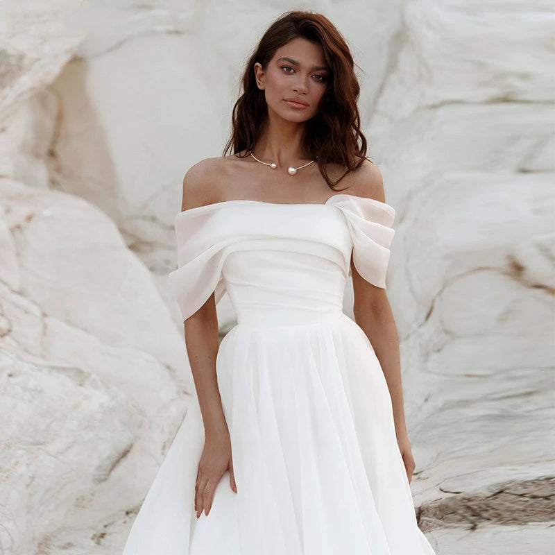 Simple A-Line Bohemian Bridal Dresses Women's Sexy Off Shoulder White Pleated Tulle Beach Formal Prom Party Fashion 2023 Wedding-payinti