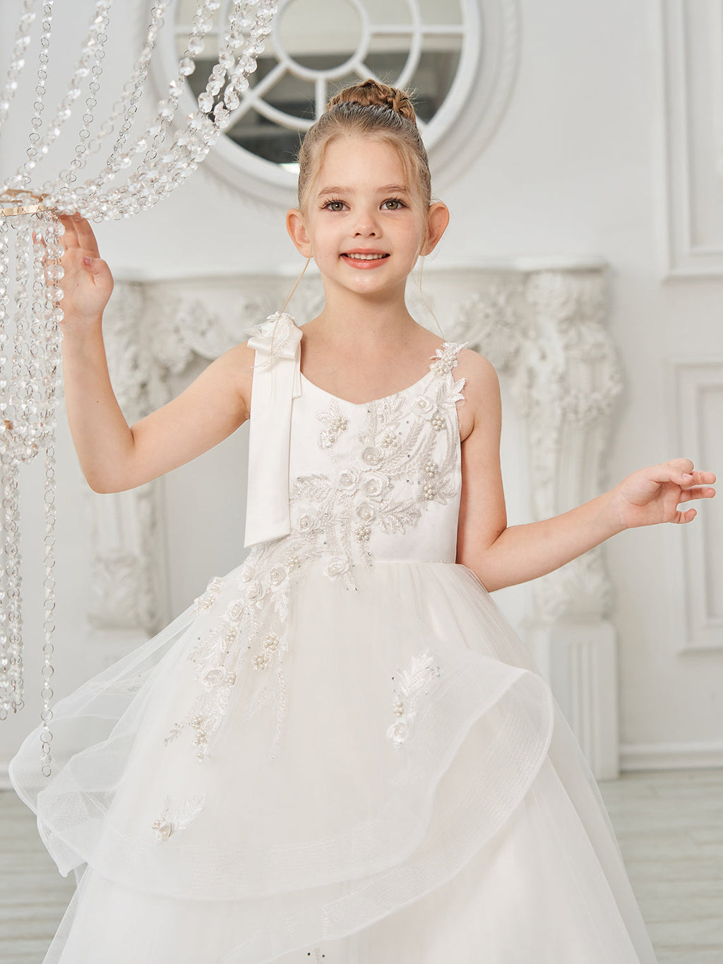 Ballkleid/Princess-Linie Tüll Bodenlang Erstkommunion Blumenmädchenkleid 