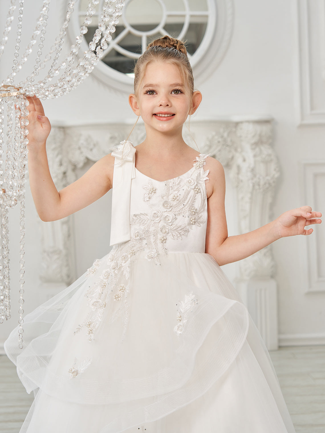 Ballkleid/Princess-Linie Tüll Bodenlang Erstkommunion Blumenmädchenkleid 