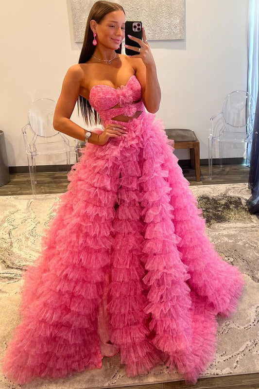 Reyna | Vestido de fiesta de tul estampado en capas rosa con escote corazón y corte en forma de corazón