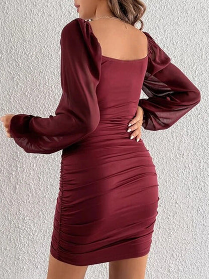 Loose Puff Sleeves Gauze Pleated See-Through Solid Color Split-Joint Square-Neck Evening Dresses Mini Dresses