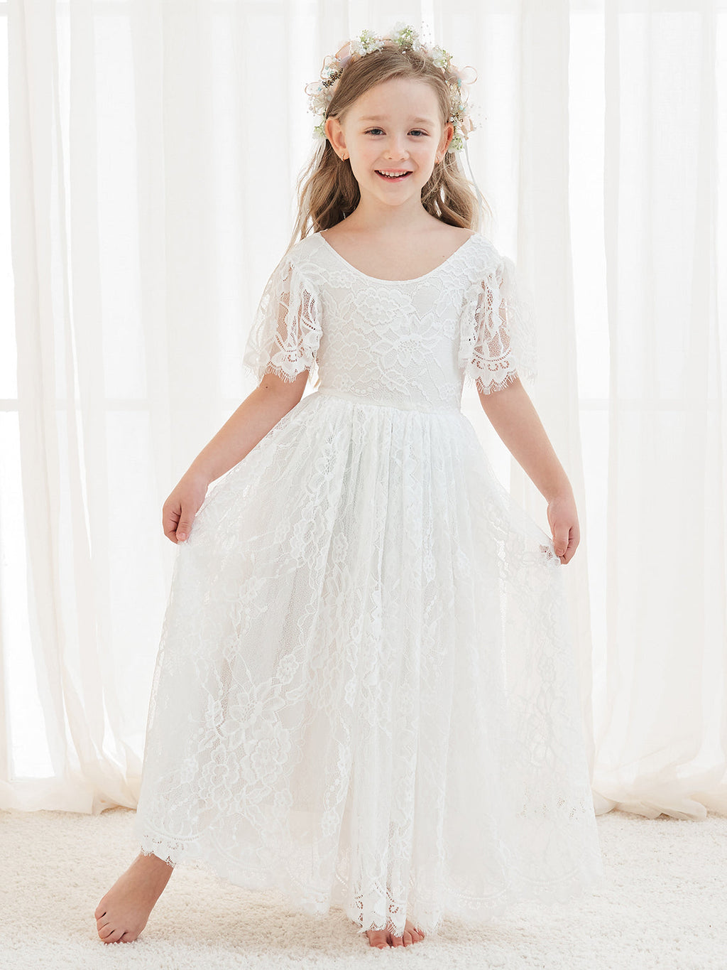 A-Linien-Spitze Knöchellanges Elfenbein Boho Blumenmädchenkleid 